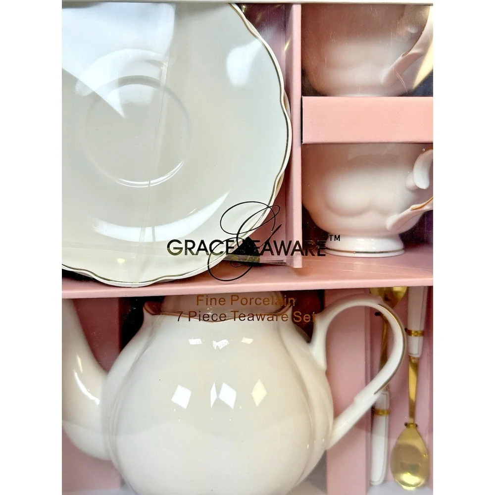 Grace Teaware Fine Porcelain 7-Piece Tea Time Gift Set Teapot Cups Saucers New